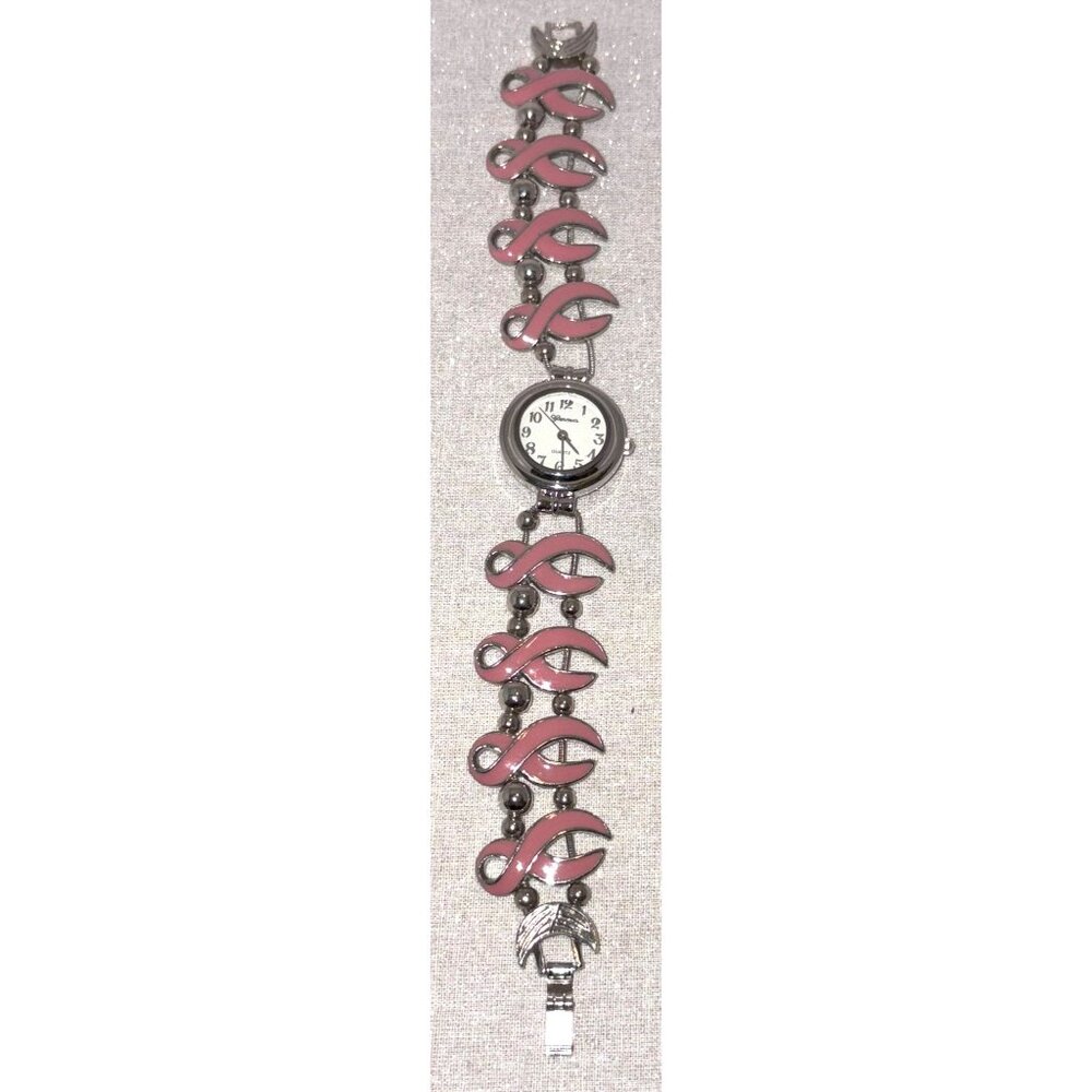 Breast Cancer Awareness Pink Ribbon Analog Watch Bracelet Silver Geneva Japan